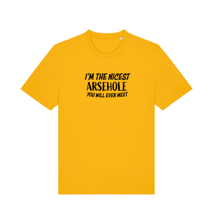 yellow rude t-shirt with the slogan 'i'm the nicest arsehole you will ever meet'