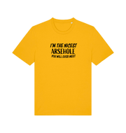 yellow rude t-shirt with the slogan 'i'm the nicest arsehole you will ever meet'
