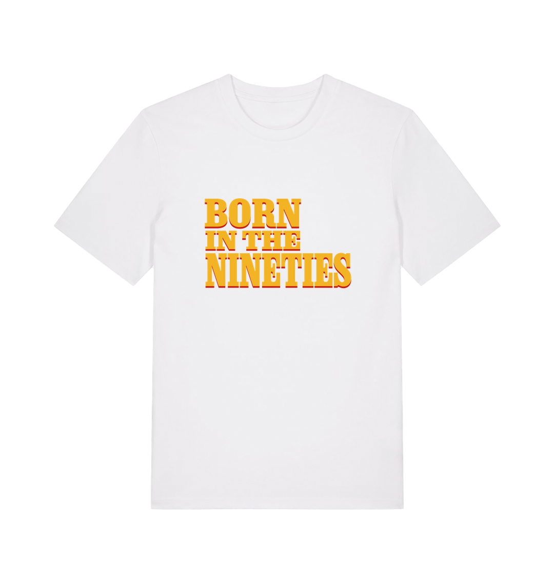 white birthday t-shirt with the slogan born in the nineties'