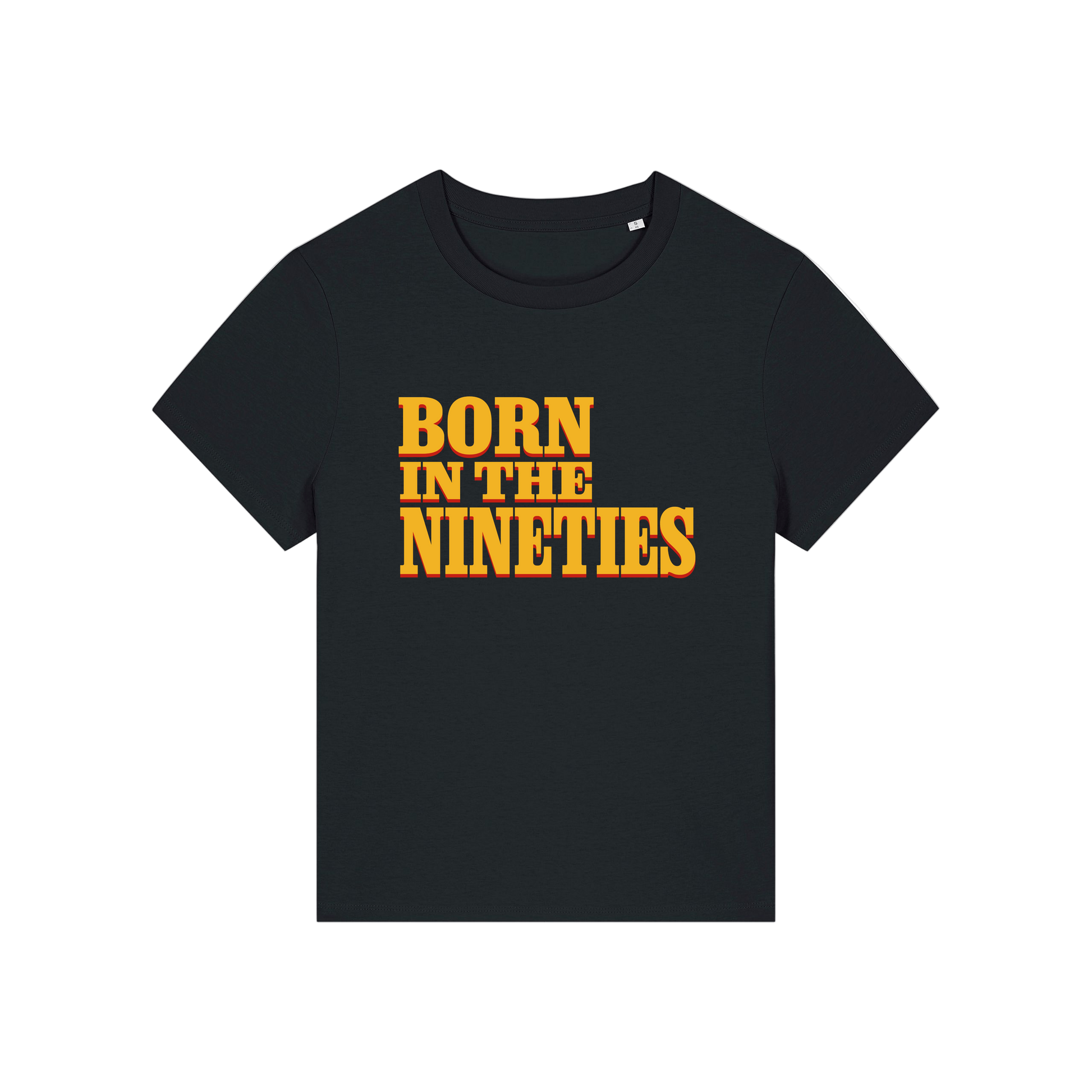 black slogan t-shirt with 'born in the nineties'