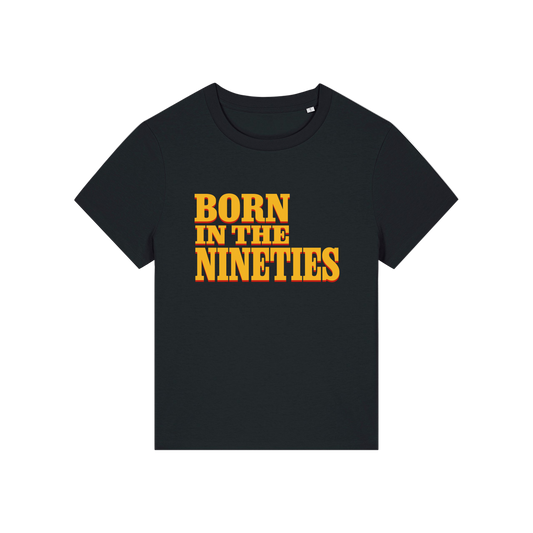 black slogan t-shirt with 'born in the nineties'