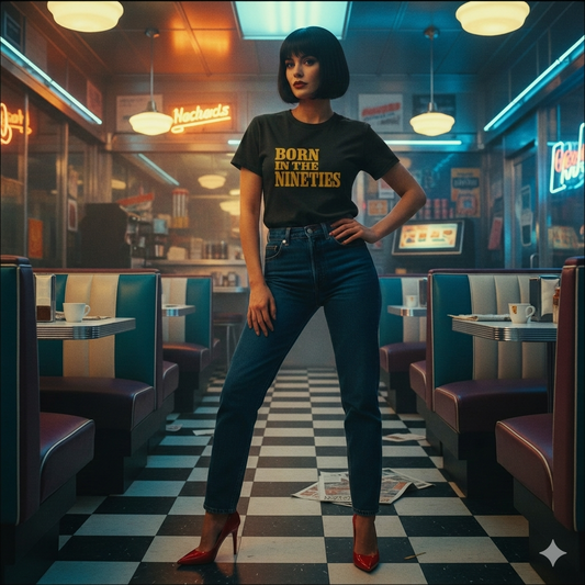 Woman in a retro diner wearing a 'Born in the Nineties' t-shirt.