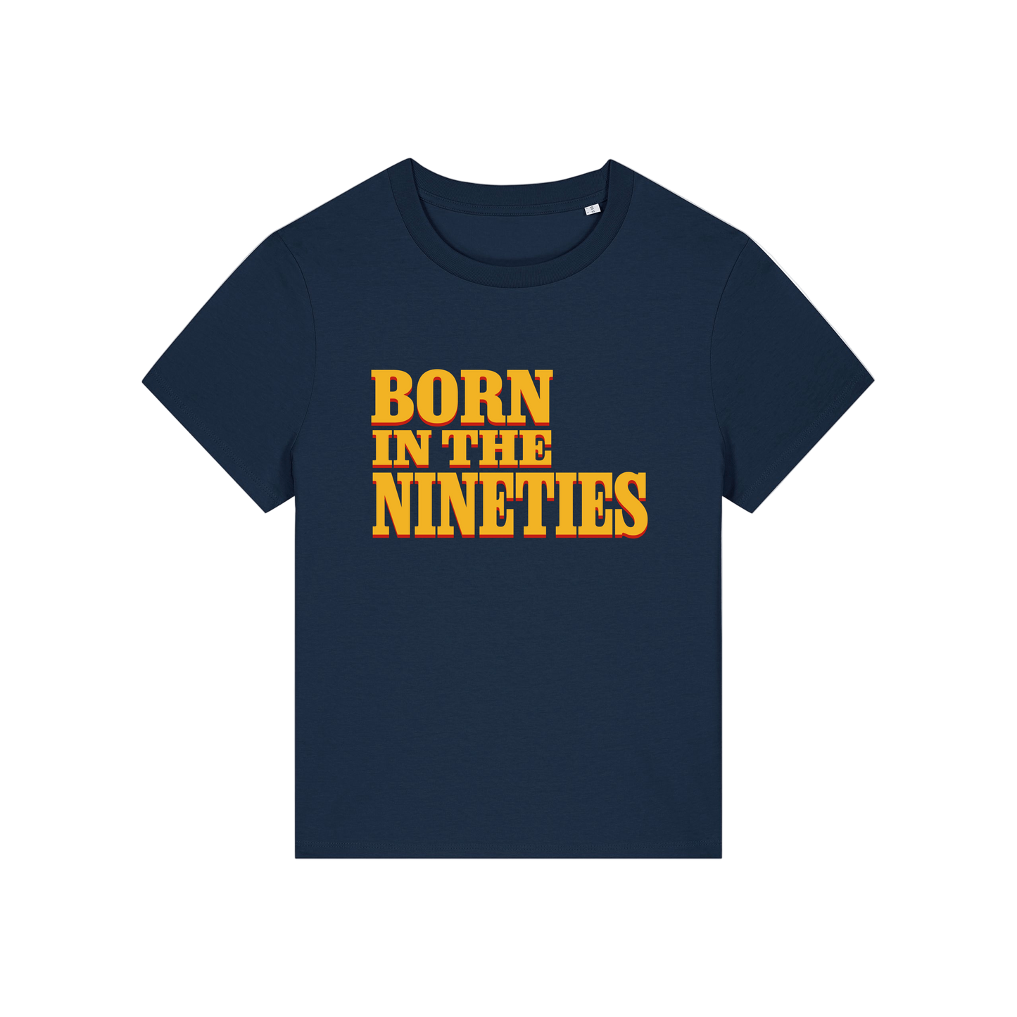 navy slogan t-shirt with 'born in the nineties'