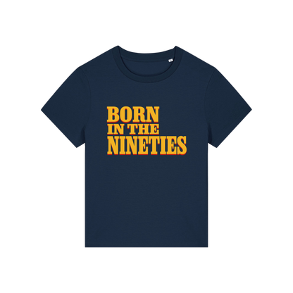 navy slogan t-shirt with 'born in the nineties'