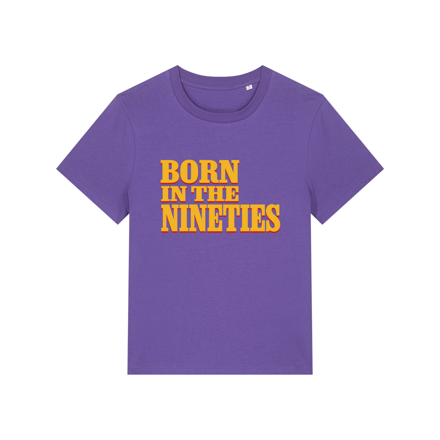 purple slogan t-shirt with 'born in the nineties'