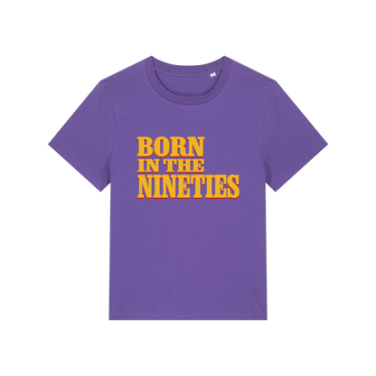 purple slogan t-shirt with 'born in the nineties'