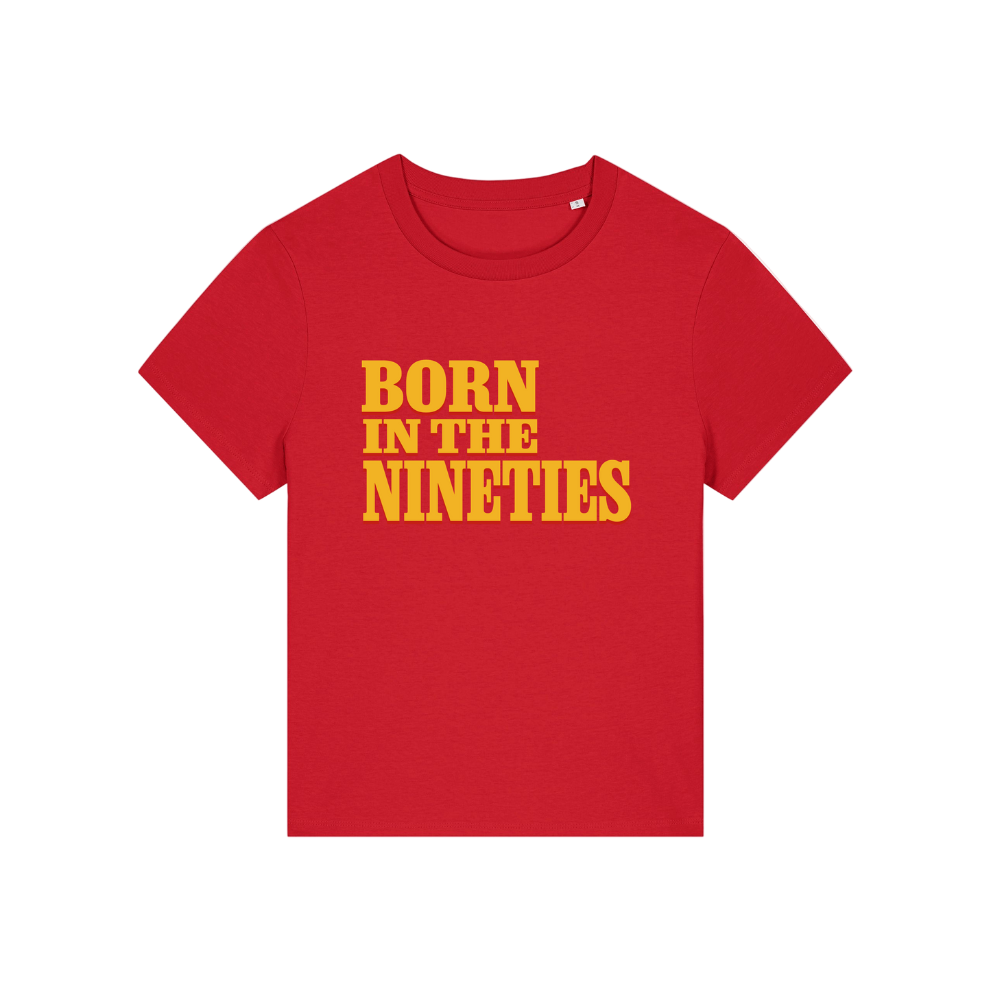 red slogan t-shirt with 'born in the nineties'
