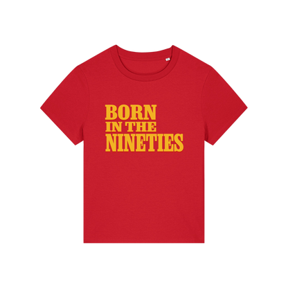 red slogan t-shirt with 'born in the nineties'
