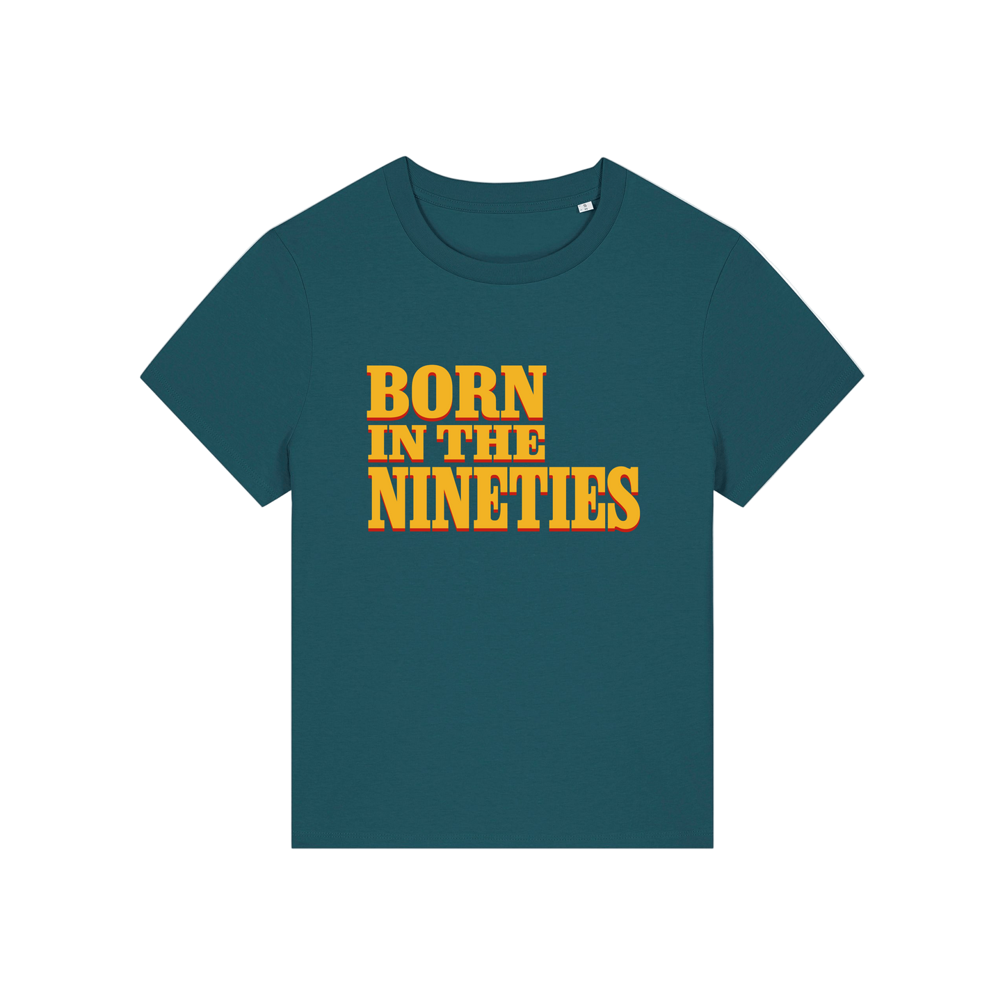 teal slogan t-shirt with 'born in the nineties'