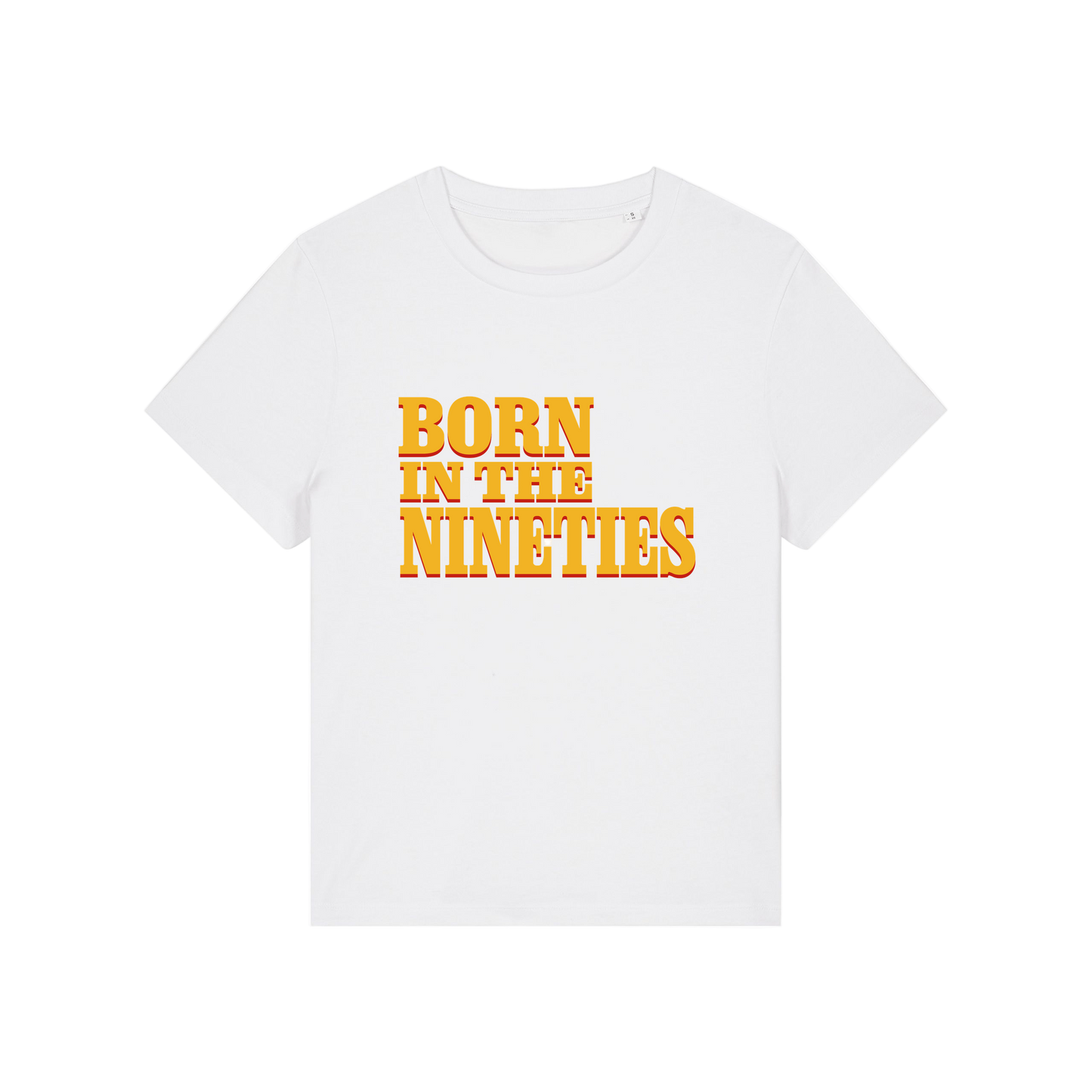 white slogan t-shirt with 'born in the nineties'