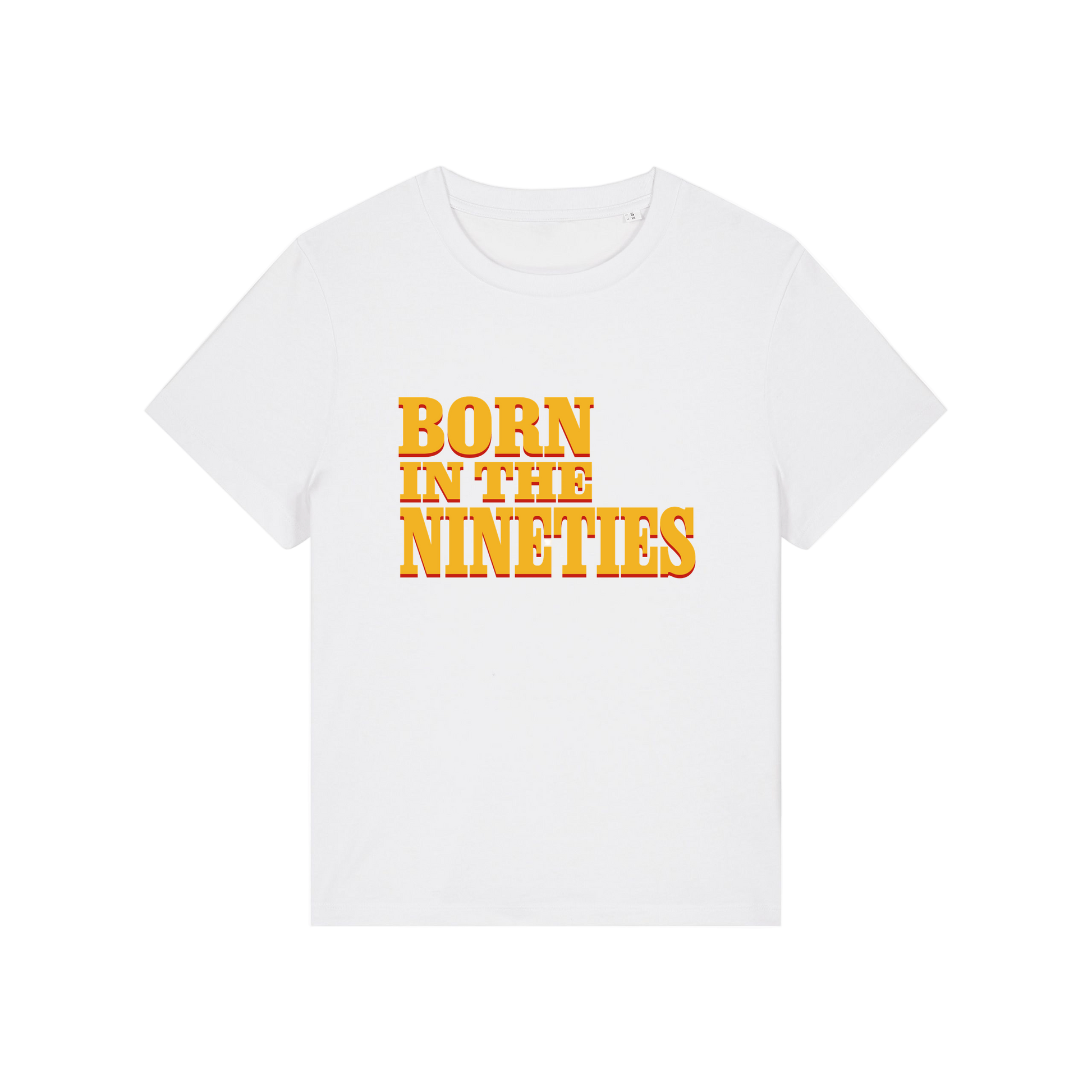 white slogan t-shirt with 'born in the nineties'
