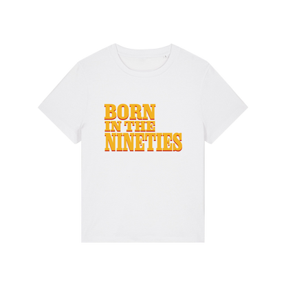 white slogan t-shirt with 'born in the nineties'