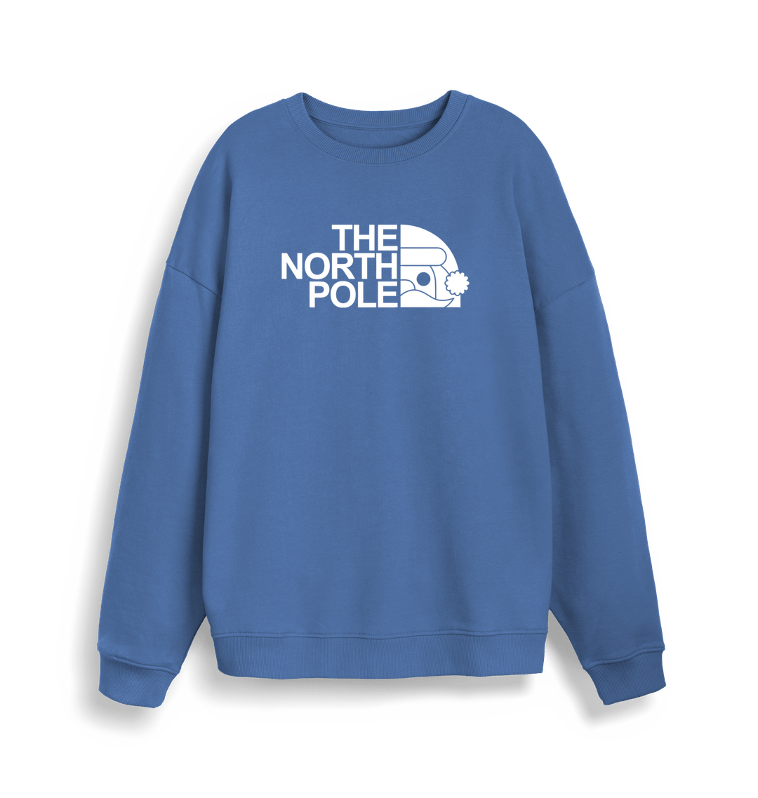 blue christmas sweater with the slogan 'the north pole'