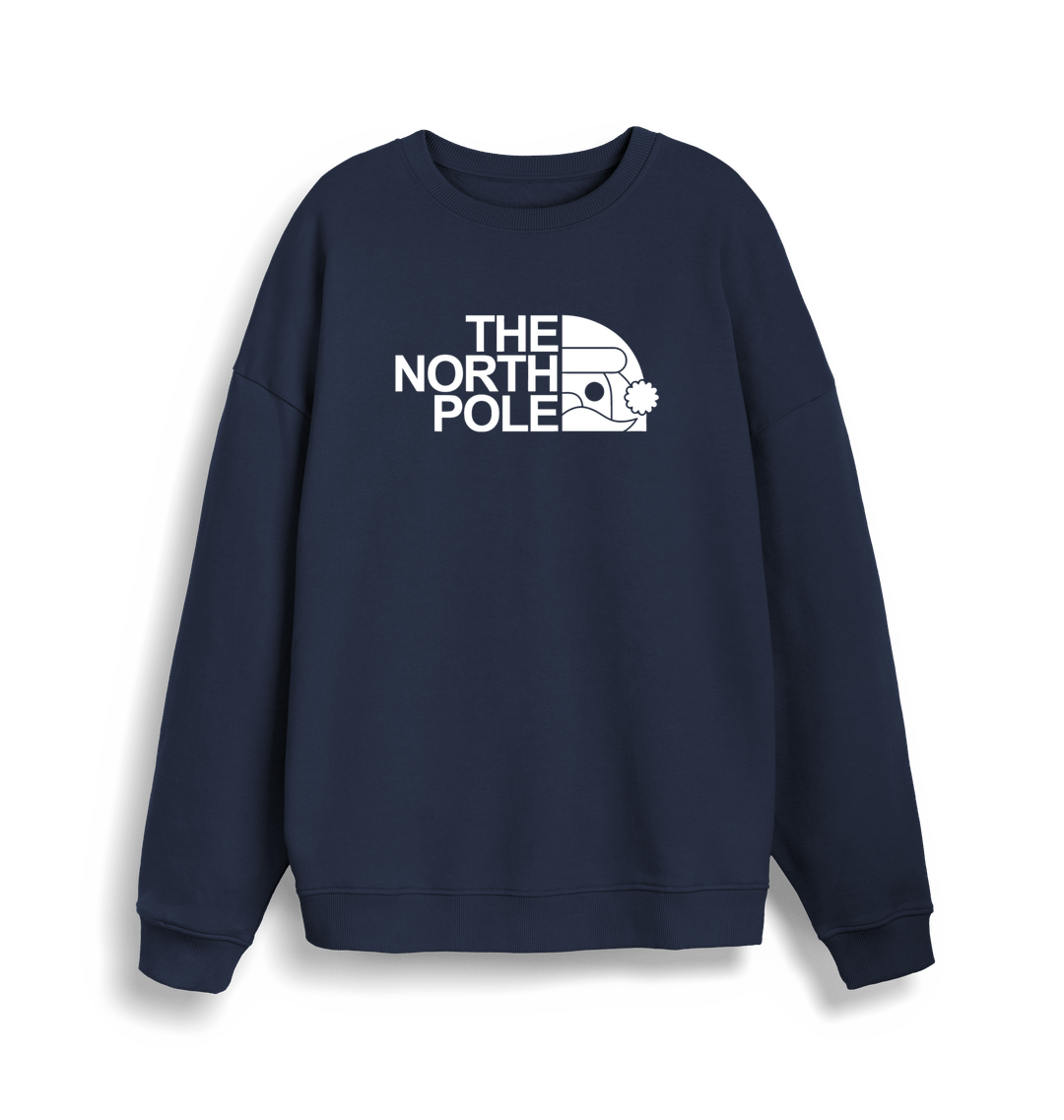 navy christmas sweater with the slogan 'the north pole'