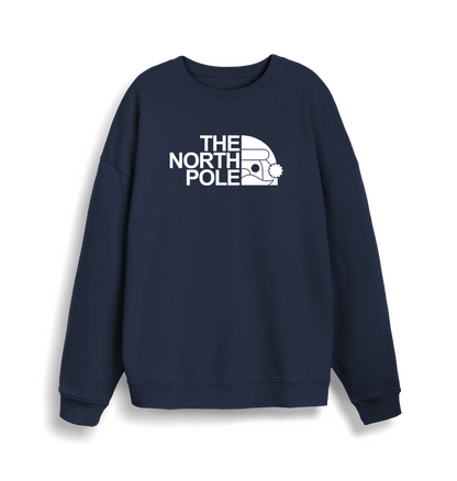 navy christmas sweater with the slogan 'the north pole'