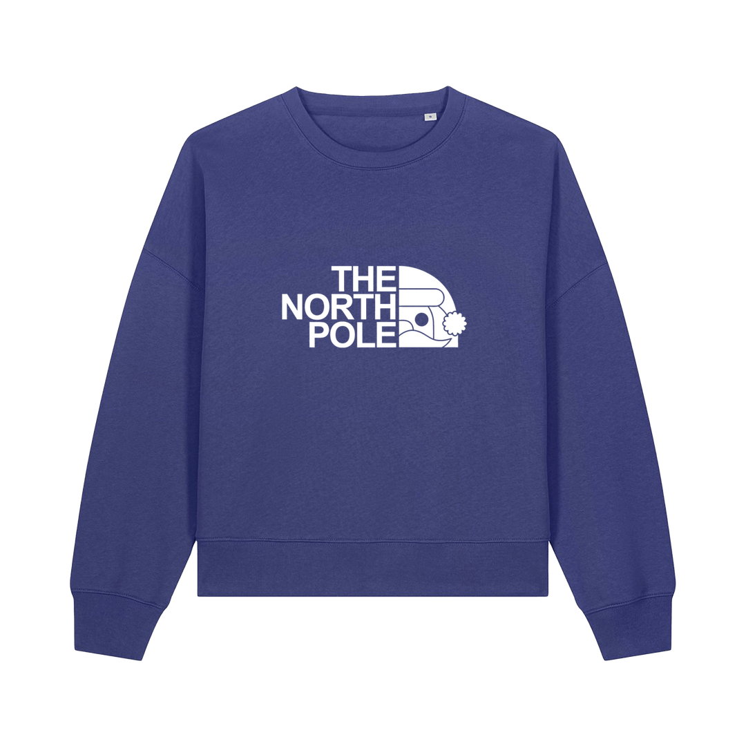 blue christmas sweater with the slogan 'the north pole'