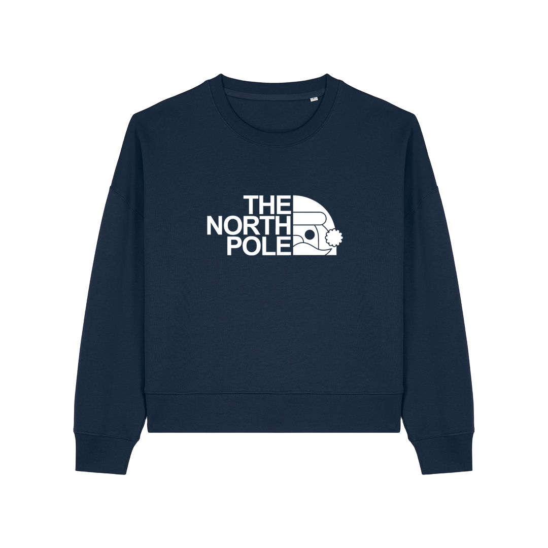 navy christmas sweater with the slogan 'the north pole'