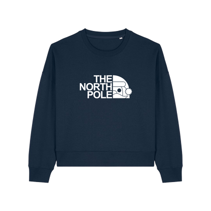 navy christmas sweater with the slogan 'the north pole'
