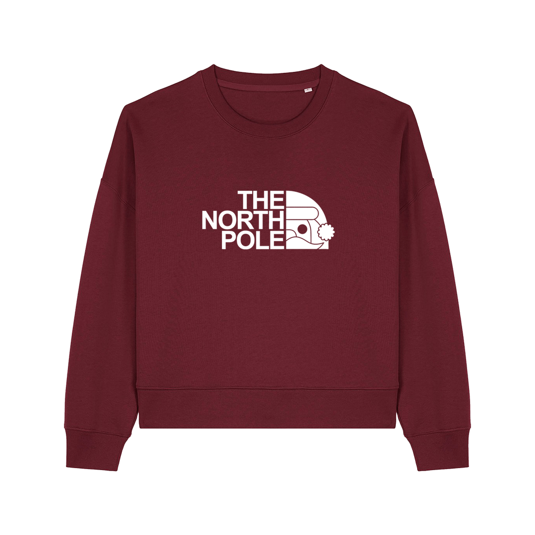 burgundy christmas sweater with the slogan 'the north pole'