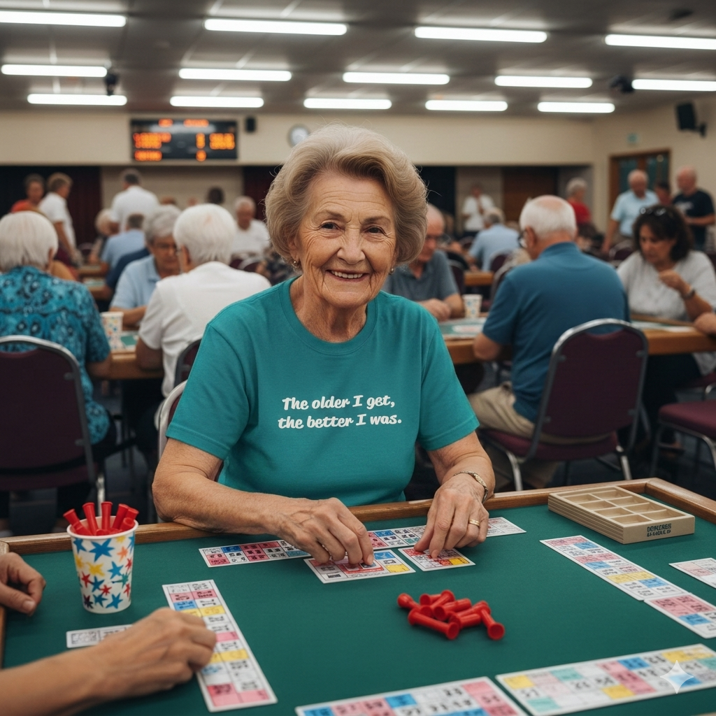 Woman playing a card game with others in a community center setting