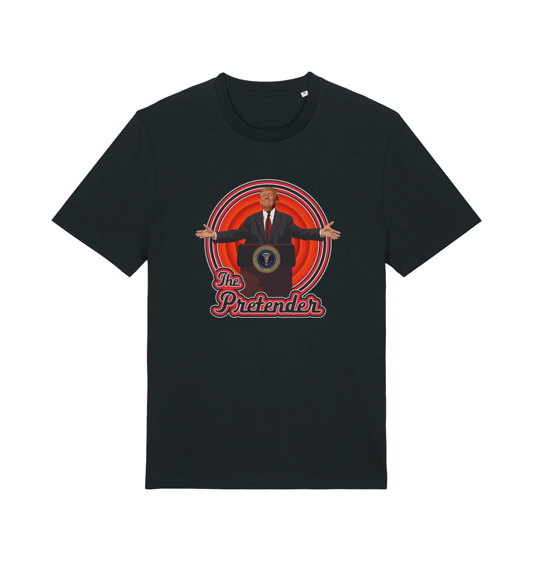 black music t-shirt with the graphic of the 47th president and the slogan 'the pretender'