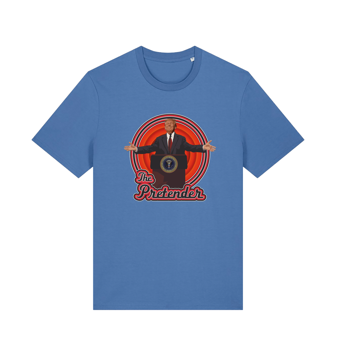 blue music t-shirt with the graphic of the 47th president and the slogan 'the pretender'