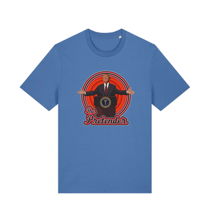 blue music t-shirt with the graphic of the 47th president and the slogan 'the pretender'