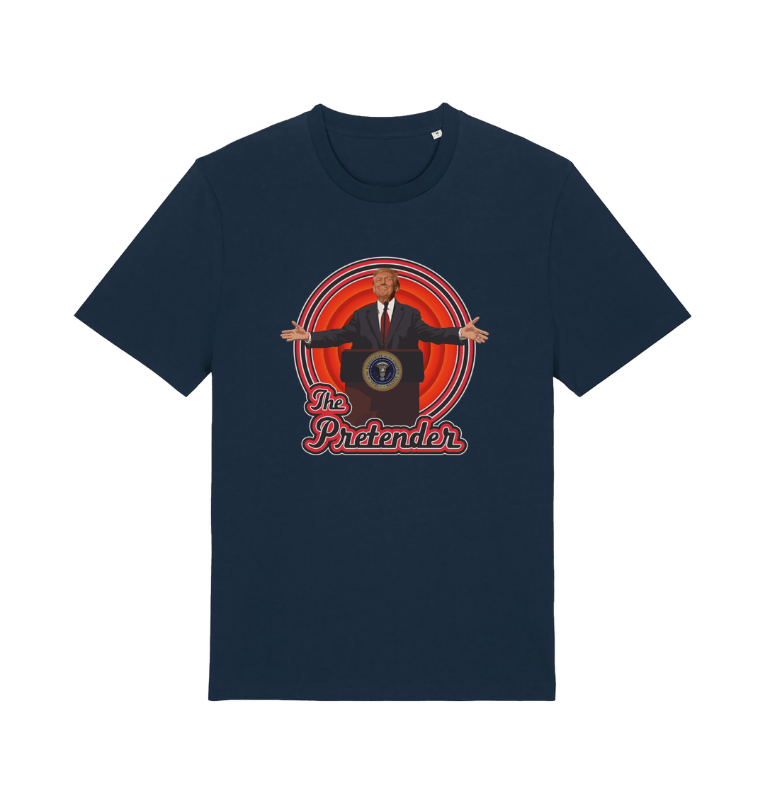 navy music t-shirt with the graphic of the 47th president and the slogan 'the pretender'