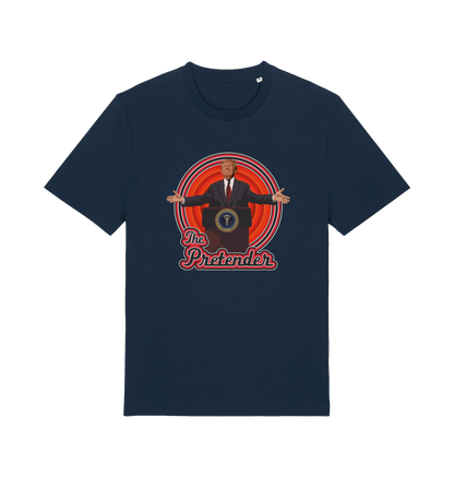 navy music t-shirt with the graphic of the 47th president and the slogan 'the pretender'