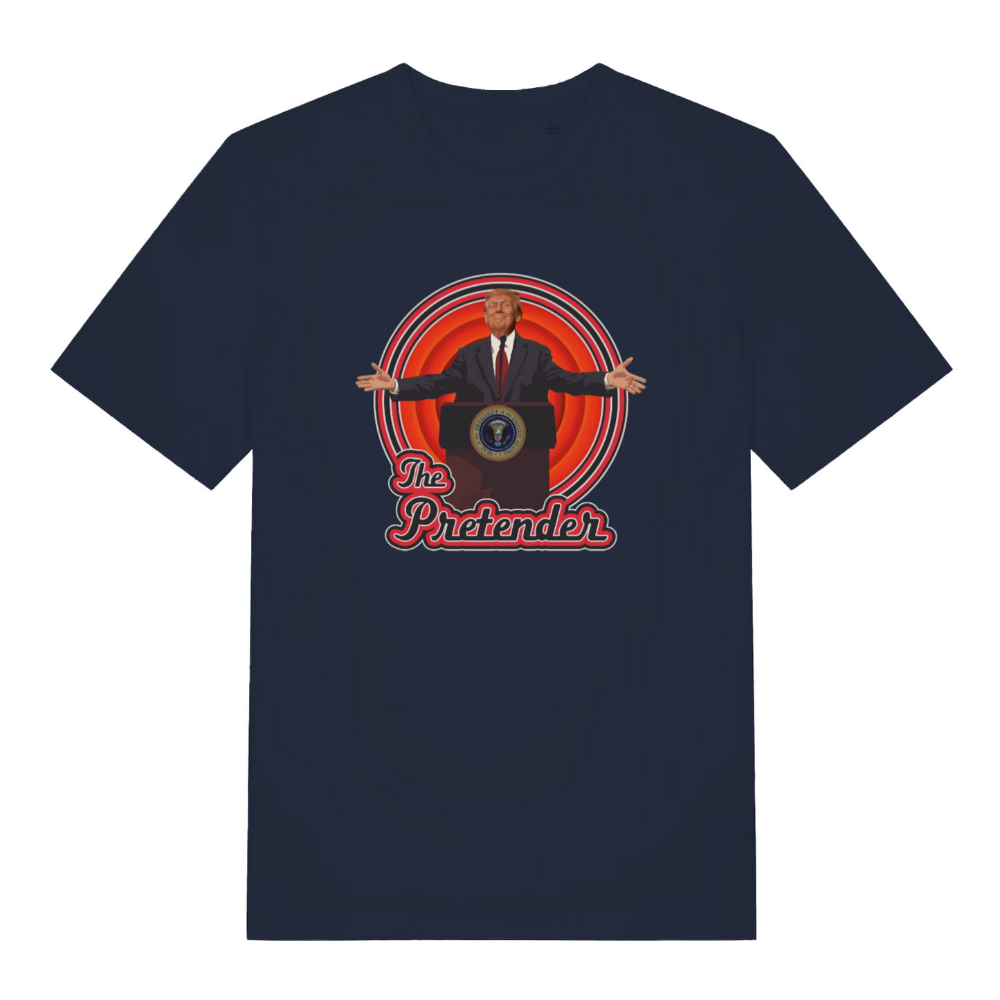 navy funny t-shirt with the graphic of the 47th president with the slogan 'the pretender'