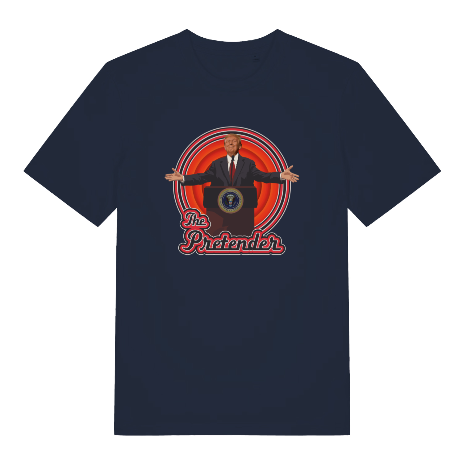 navy funny t-shirt with the graphic of the 47th president with the slogan 'the pretender'