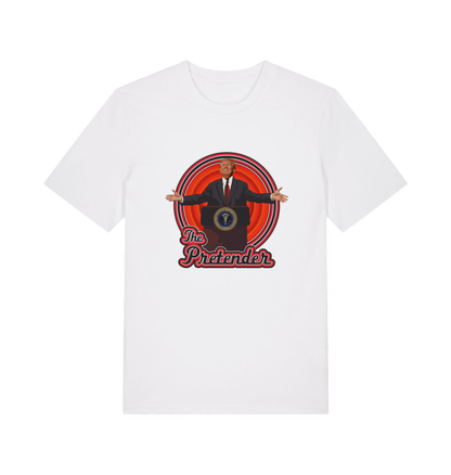 white music t-shirt with the graphic of the 47th president and the slogan 'the pretender'