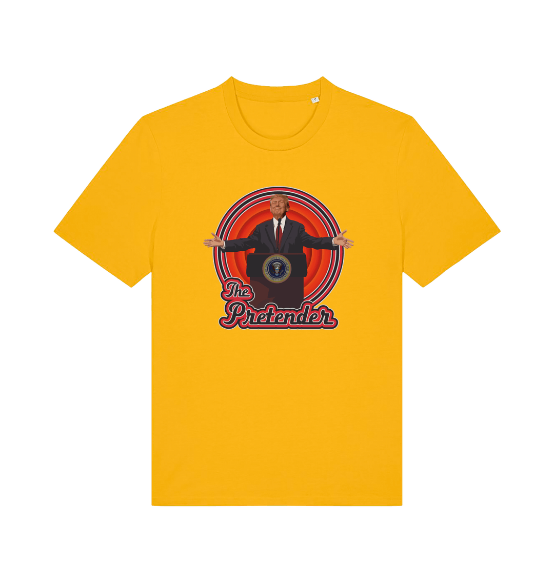 yellow music t-shirt with the graphic of the 47th president and the slogan 'the pretender'