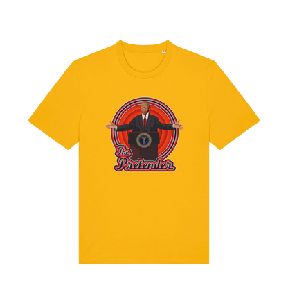 yellow music t-shirt with the graphic of the 47th president and the slogan 'the pretender'