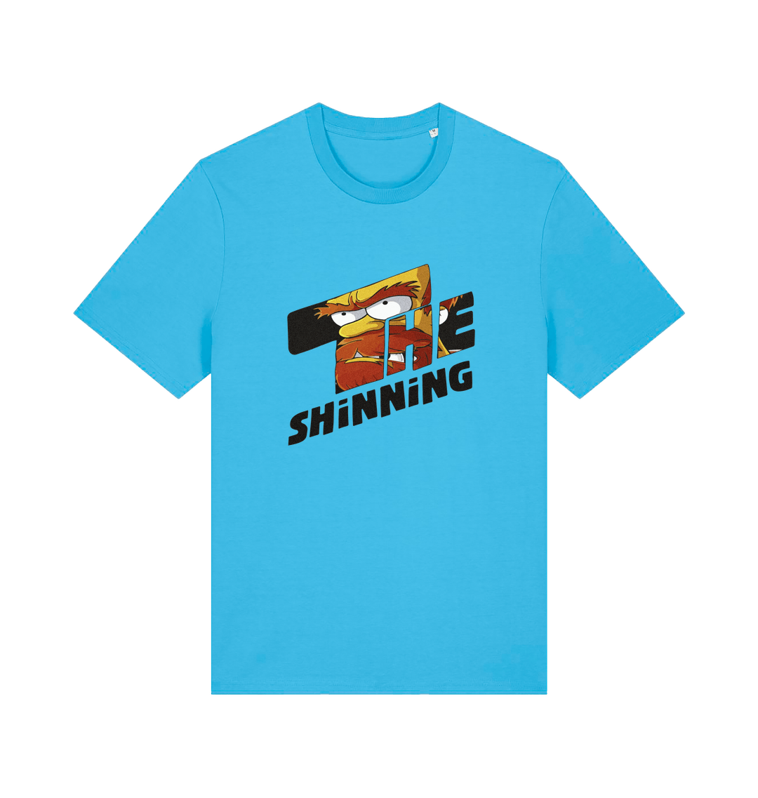 blue geek t-shirt with 'the shinning' and a cartoon graphic inside 
