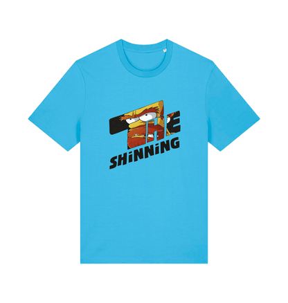 blue geek t-shirt with 'the shinning' and a cartoon graphic inside 