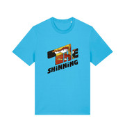 blue geek t-shirt with 'the shinning' and a cartoon graphic inside 