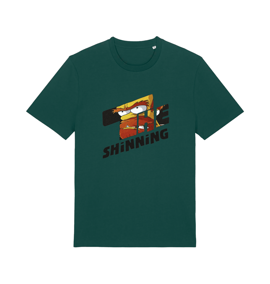 green geek t-shirt with 'the shinning' and a cartoon graphic inside 