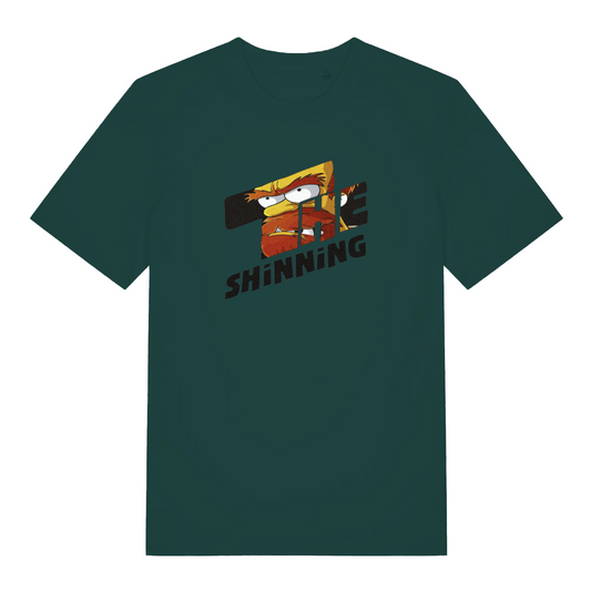 green movie t-shirt with the text 'the shinning' and the graphic of wullie from the simpsons