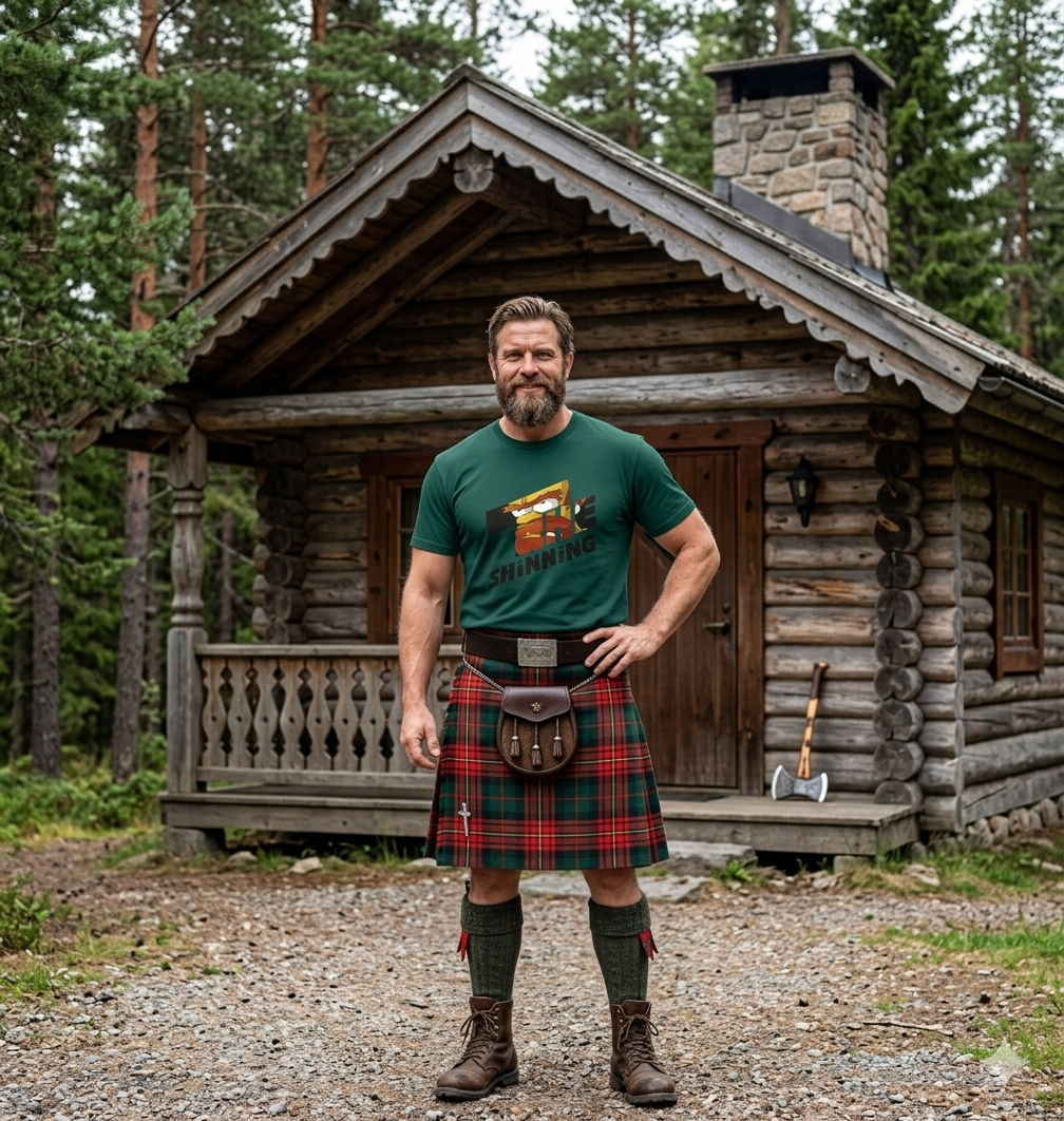 Man wearing a green t-shirt and red tartan kilt standing in front of a wooden cabin in a forest.