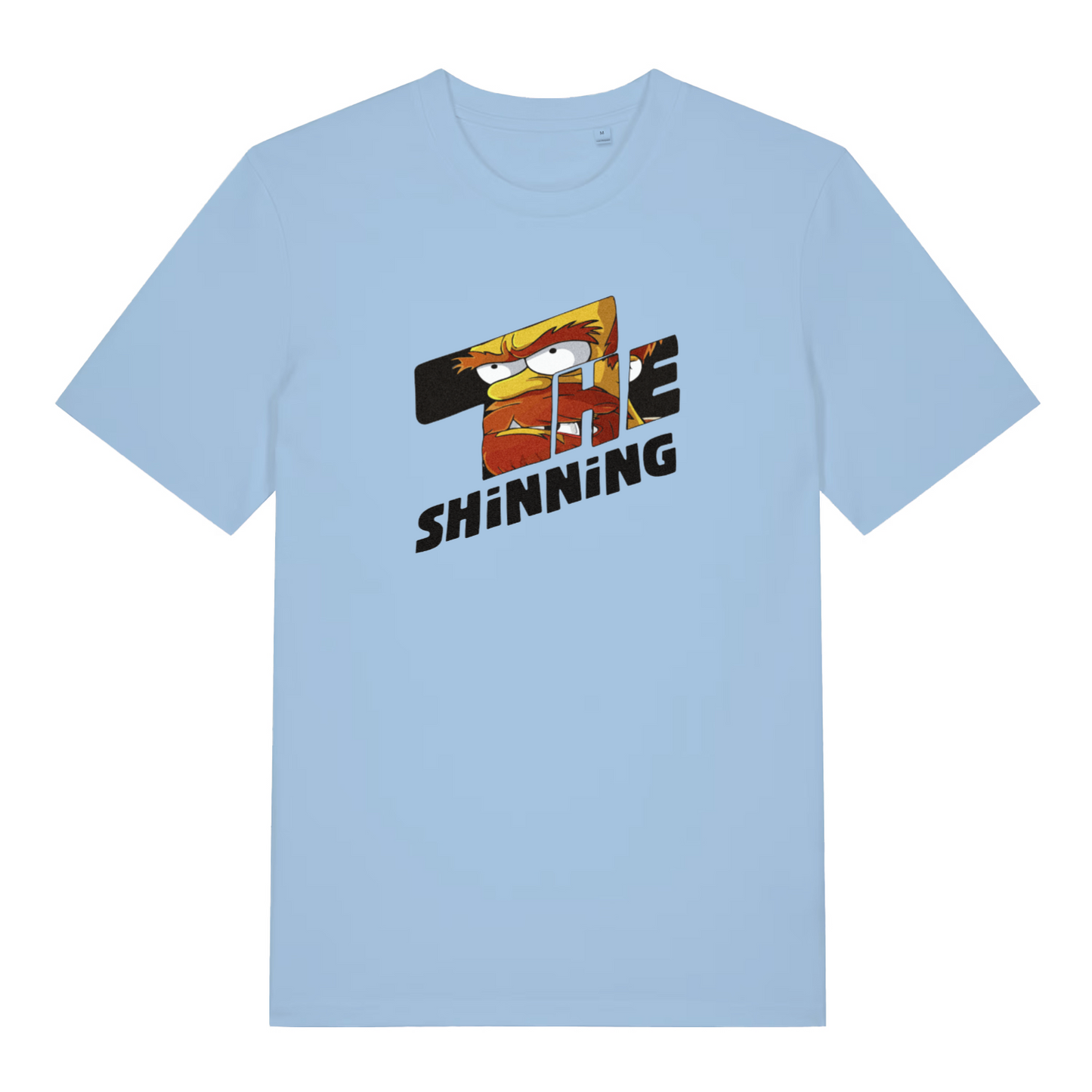 light blue movie t-shirt with the text 'the shinning' and the graphic of wullie from the simpsons
