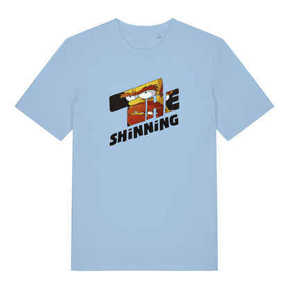 light blue movie t-shirt with the text 'the shinning' and the graphic of wullie from the simpsons