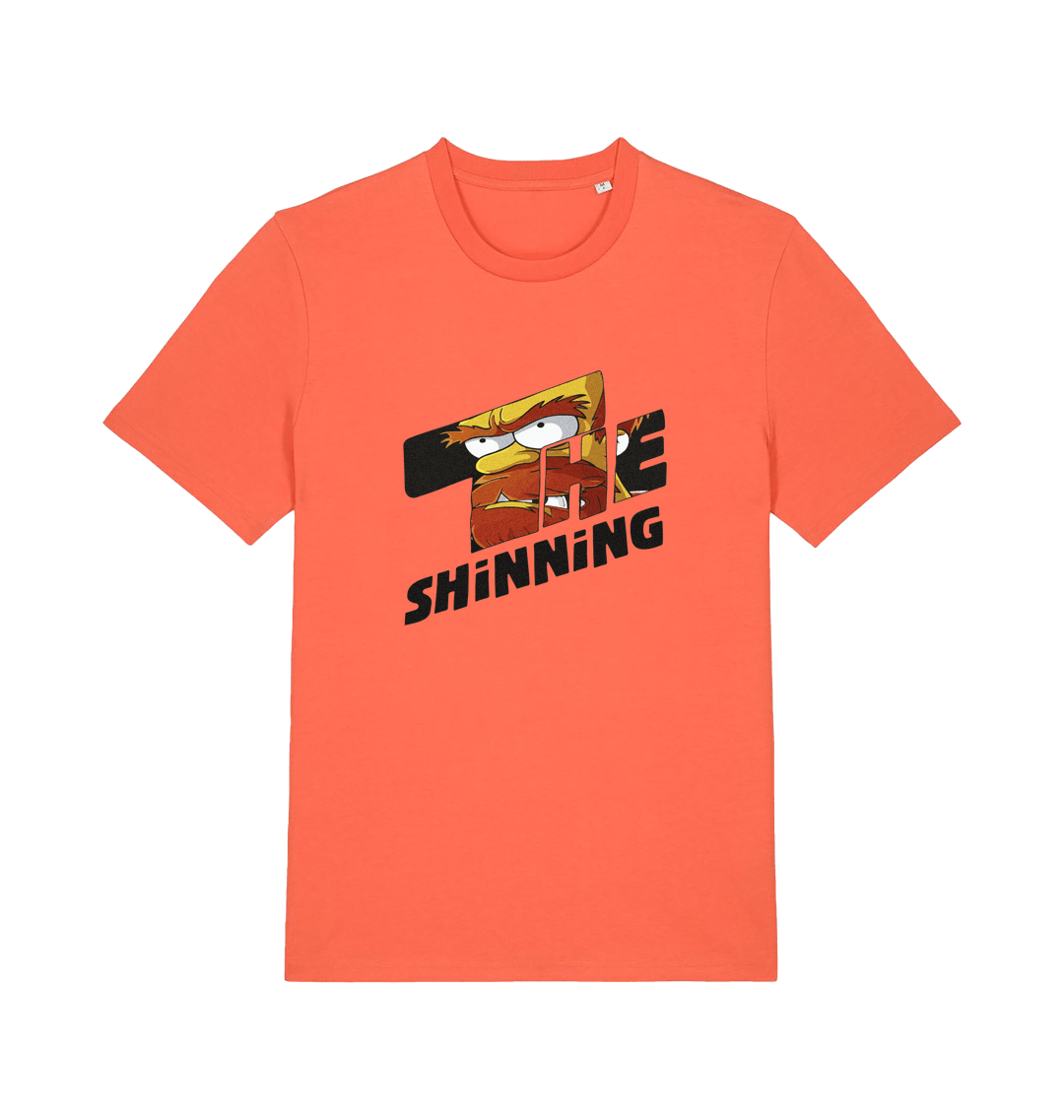 orange geek t-shirt with 'the shinning' and a cartoon graphic inside 