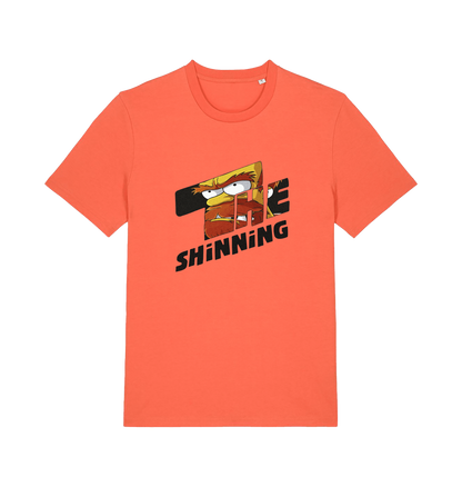 orange geek t-shirt with 'the shinning' and a cartoon graphic inside 