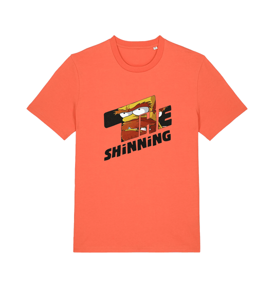 orange geek t-shirt with 'the shinning' and a cartoon graphic inside 