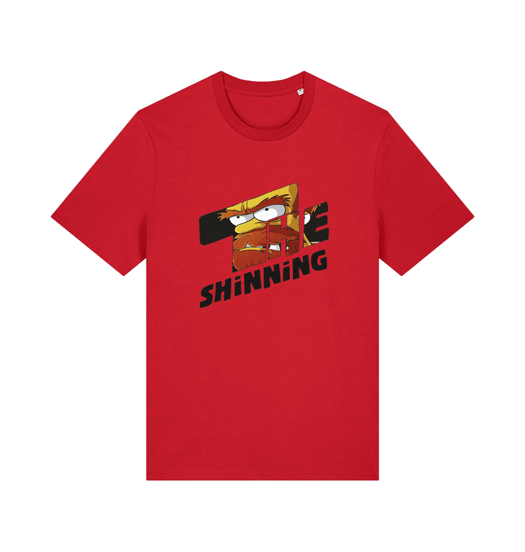 red geek t-shirt with 'the shinning' and a cartoon graphic inside 