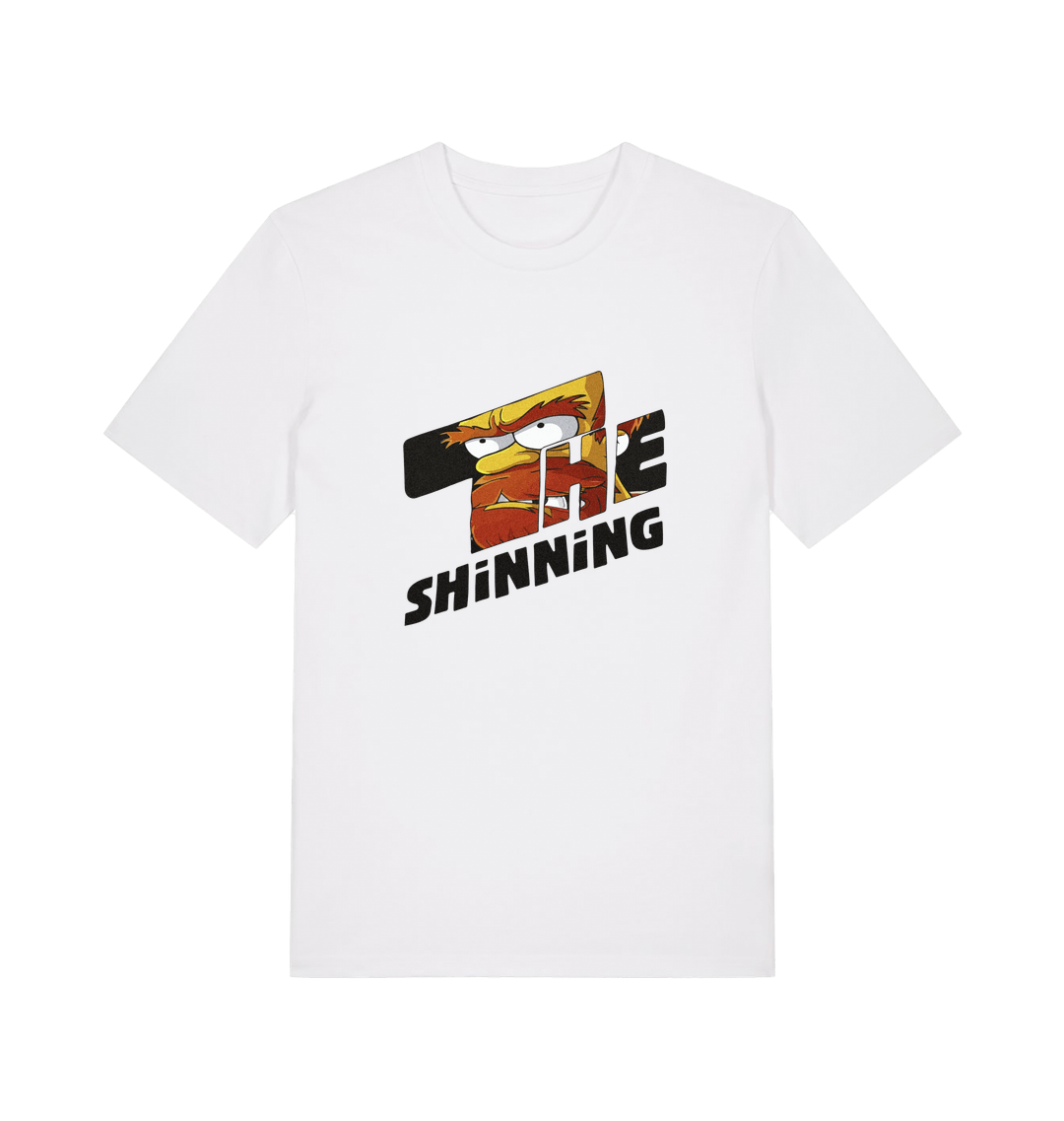 white geek t-shirt with 'the shinning' and a cartoon graphic inside 