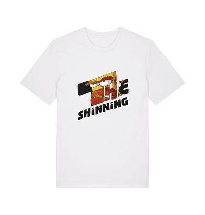 white geek t-shirt with 'the shinning' and a cartoon graphic inside 