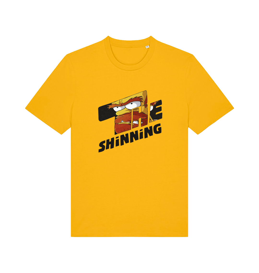 yellow geek t-shirt with 'the shinning' and a cartoon graphic inside 