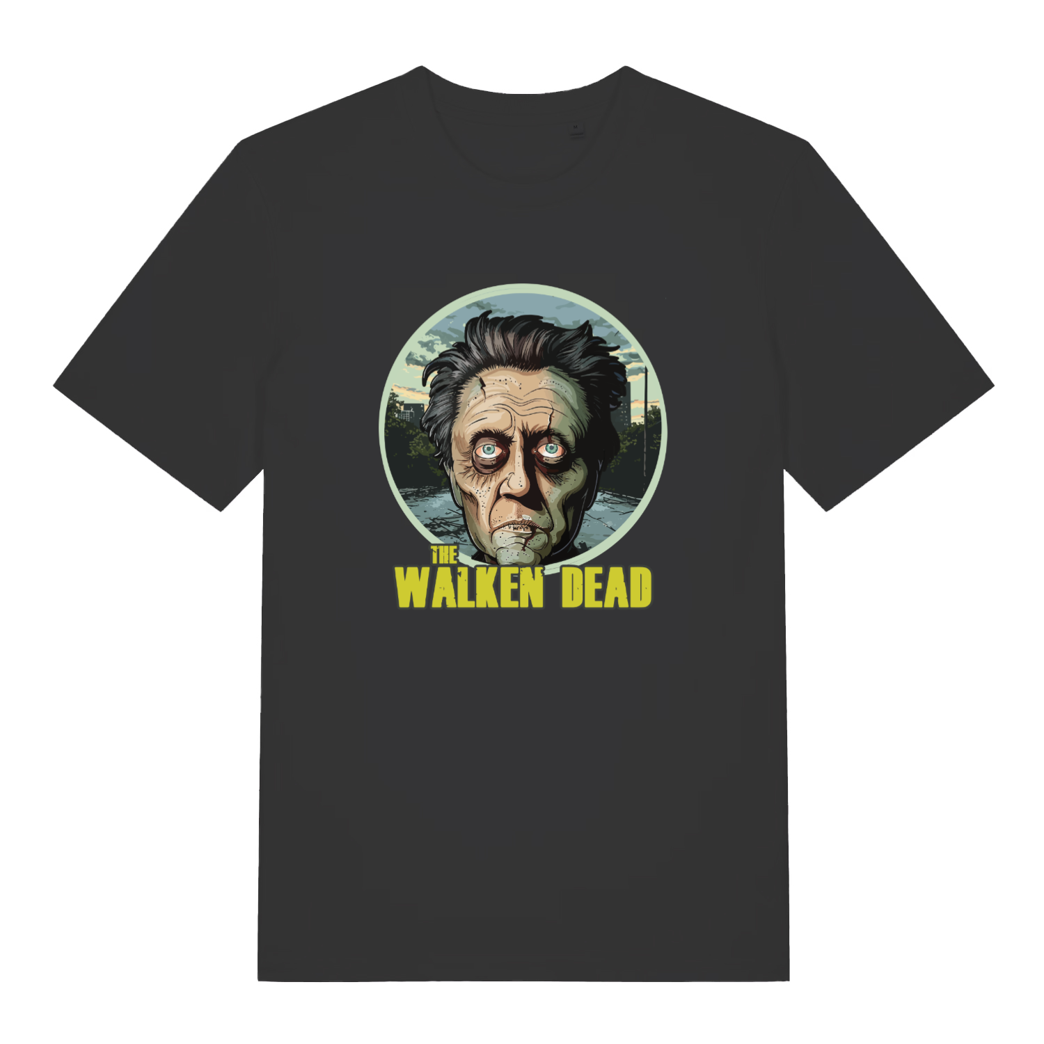 black movie t-shirt with the graphic of a zombie and the slogan 'the walken dead'